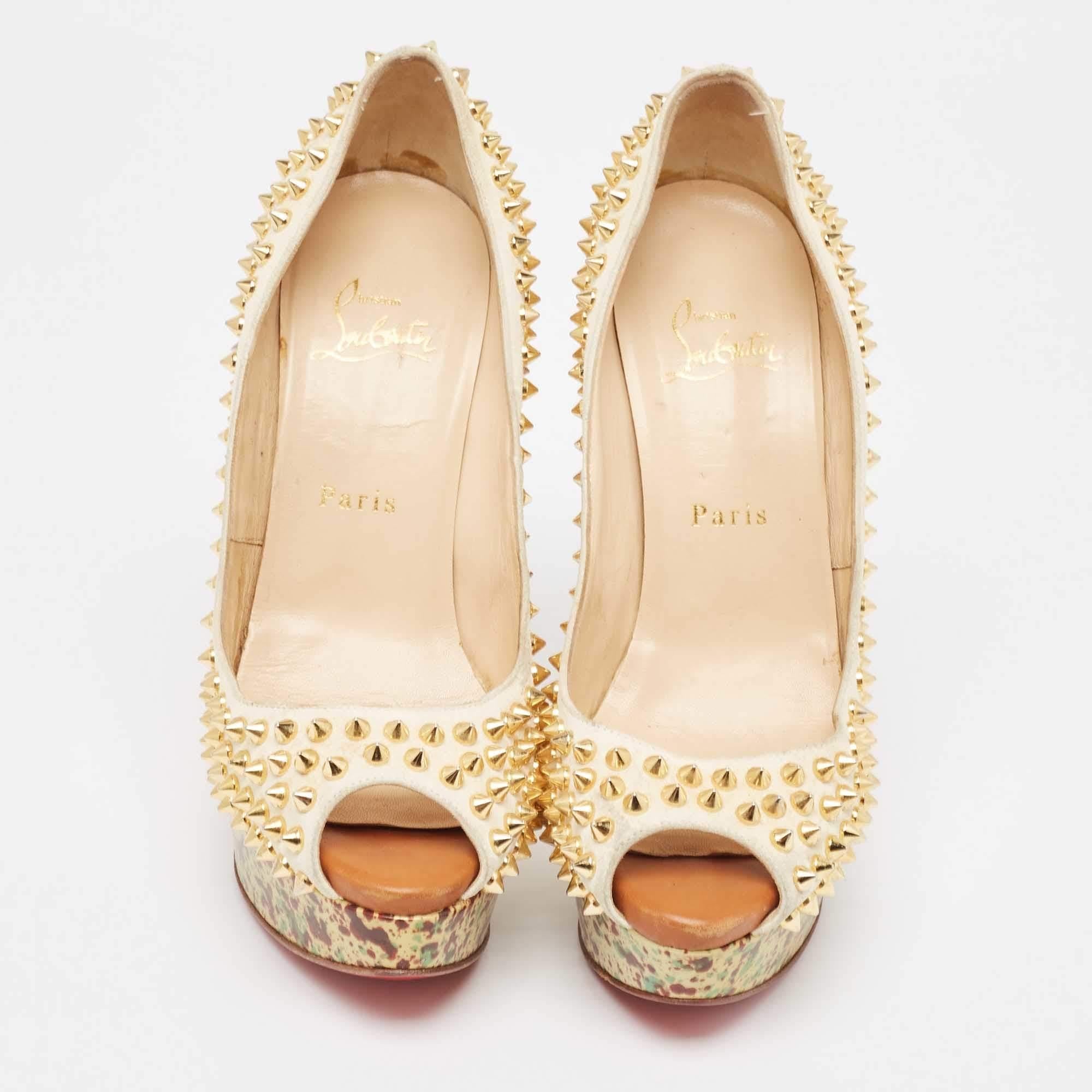 Beige Christian Louboutin Cream Suede Lady Peep Spikes Pumps Size 38.5