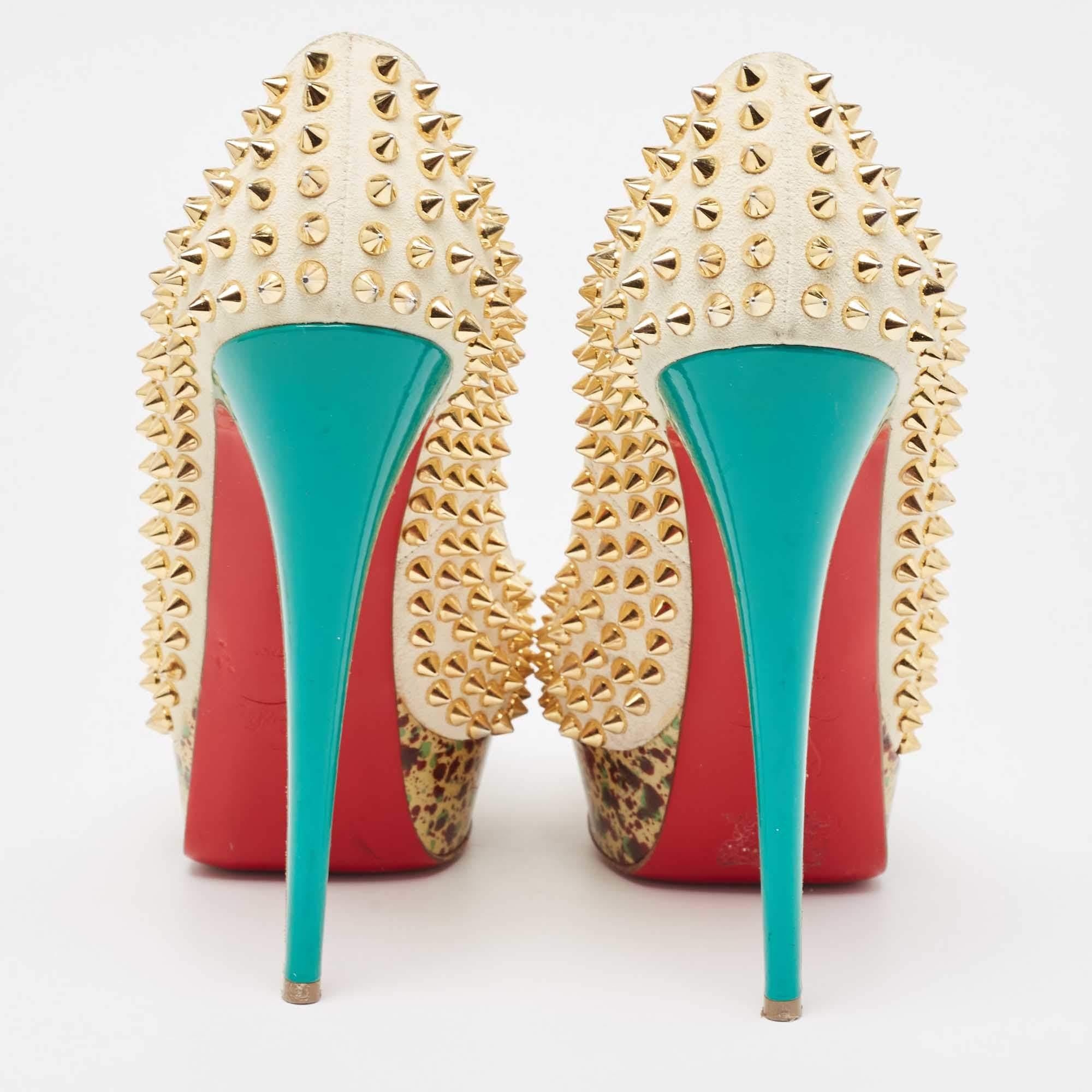 Women's Christian Louboutin Cream Suede Lady Peep Spikes Pumps Size 38.5