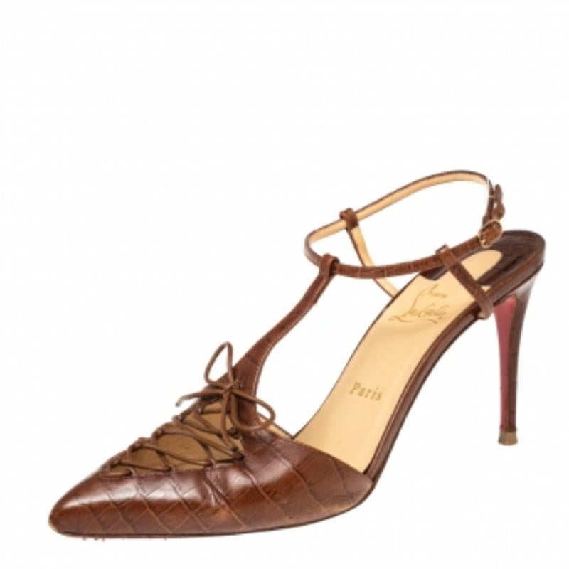 Christian Louboutin Croc Embossed Leather Crococuty Ankle-Strap Pumps Size 40 For Sale 1