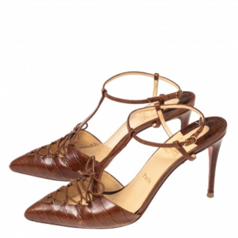 Christian Louboutin Croc Embossed Leather Crococuty Ankle-Strap Pumps Size 40 For Sale 2