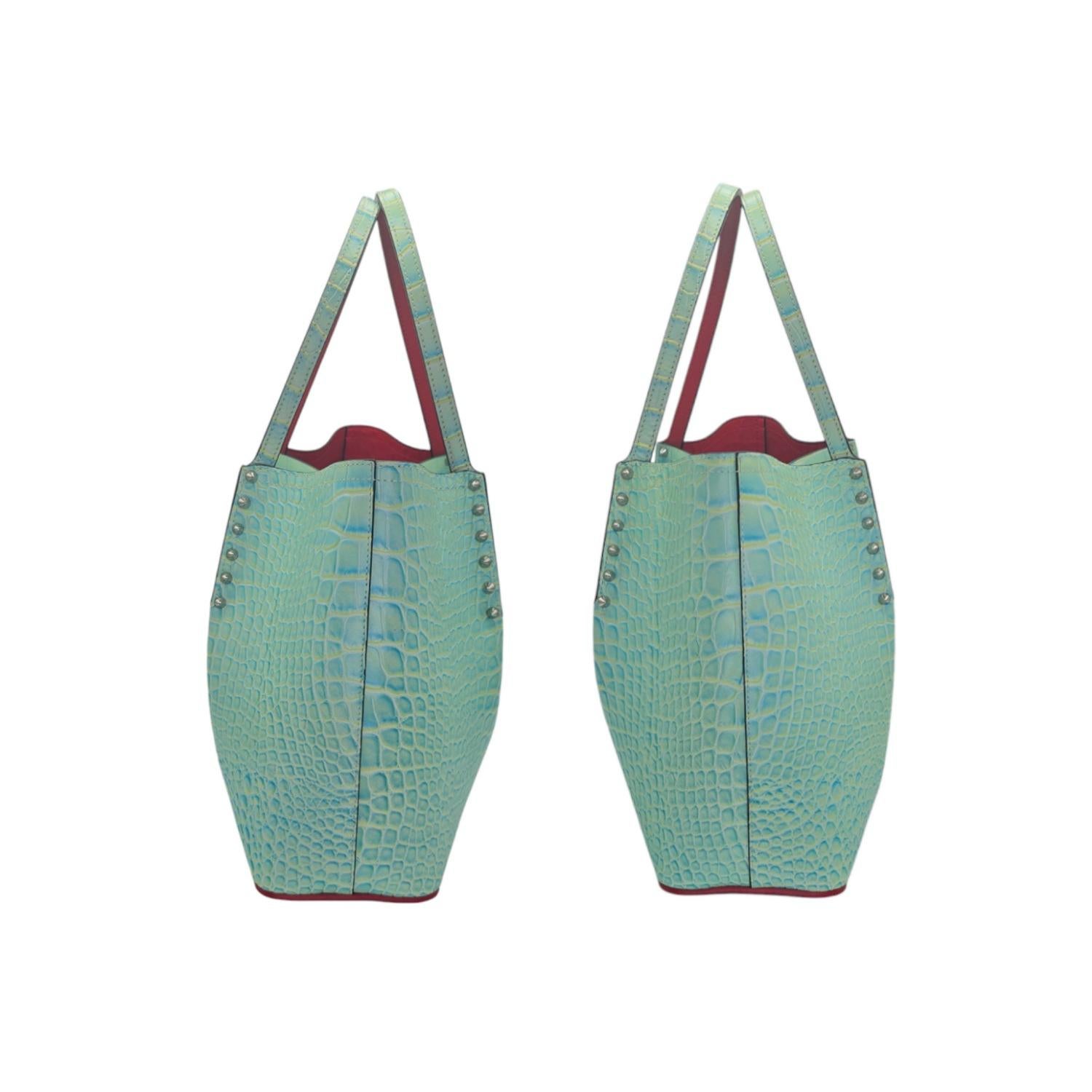 Christian Louboutin Crocodile Embossed Calfskin Spiked Small Cabarock Tote In Excellent Condition For Sale In Scottsdale, AZ