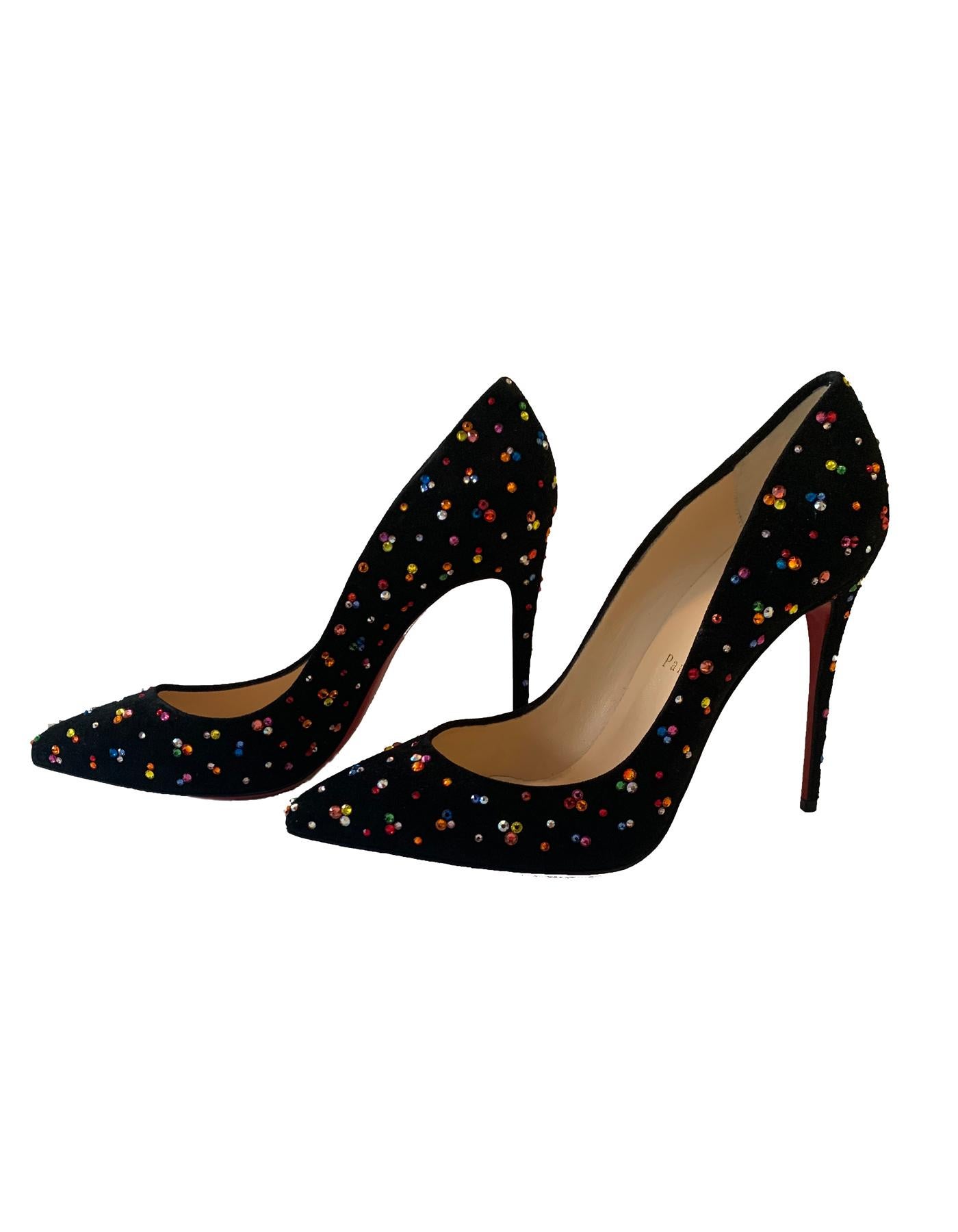 Christian Louboutin Black Suede/ Multicolor Crystal Clair De Lune Pigalle Follies 120 Pumps sz 39.5

Made In: Italy
Color: Black with multicolor crystals
Materials: Suede and strass crystals
Closure/Opening: Slide on
Overall Condition: Like new with