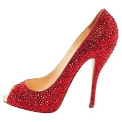 Christian Louboutin Crystal Embellished Leather Lady Claude Peep Pumps Size 39.5