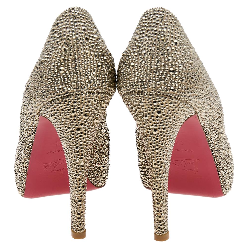 Women's Christian Louboutin Crystal Embellished Suede Peep Toe Pumps Size 38 For Sale