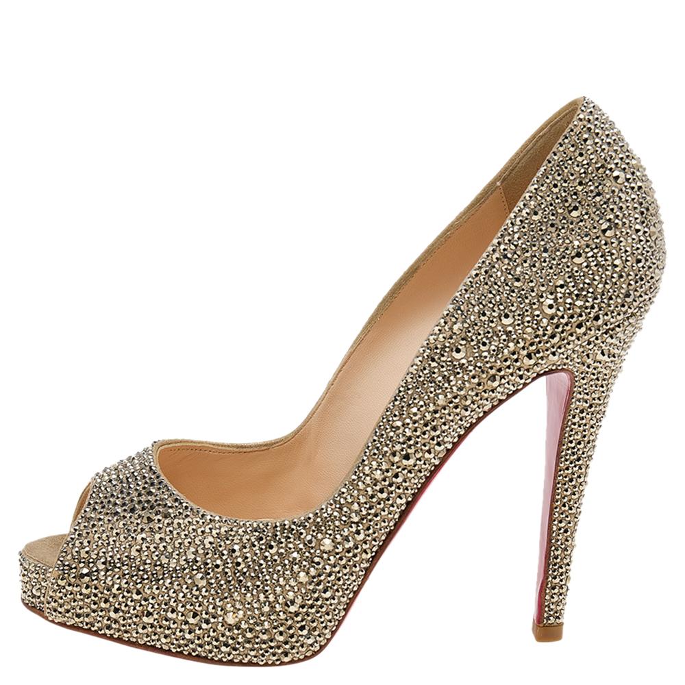 Christian Louboutin Crystal Embellished Suede Peep Toe Pumps Size 38 For Sale 3