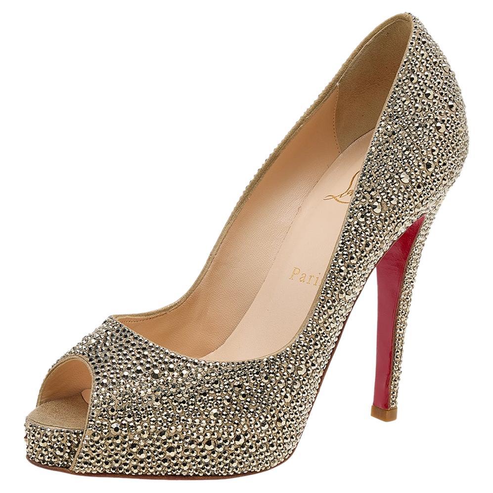 Christian Louboutin Crystal Embellished Suede Peep Toe Pumps Size 38 For Sale