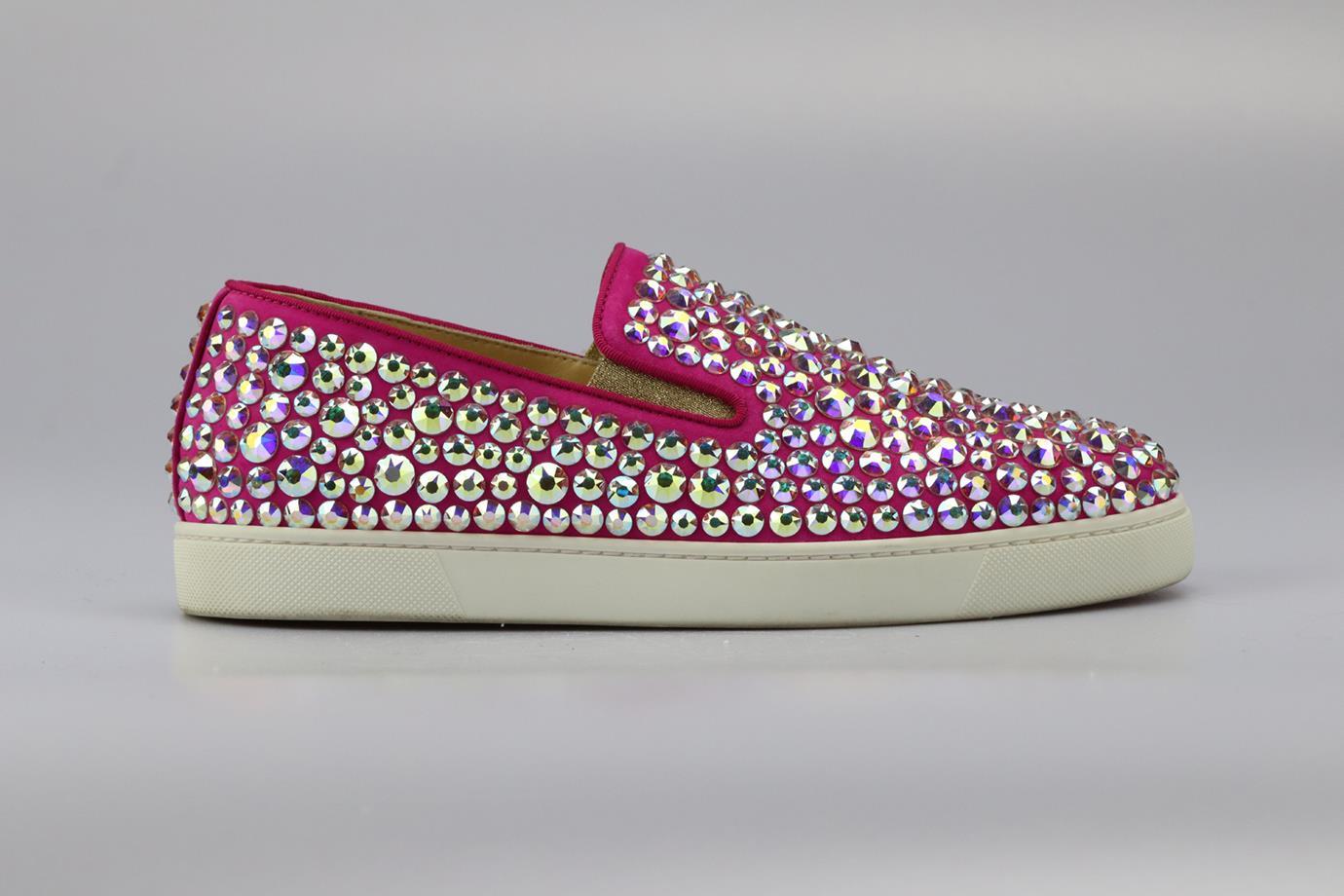 Christian Louboutin Crystal Embellished Suede Slip On Sneakers. Pink. Slips on. Does not come with - dustbag or box. EU 40 (UK 7, US 10). Insole: 10.6 in. Heel height: 1 in. Condition: Used. Very good condition - Some wear to soles; see pictures.