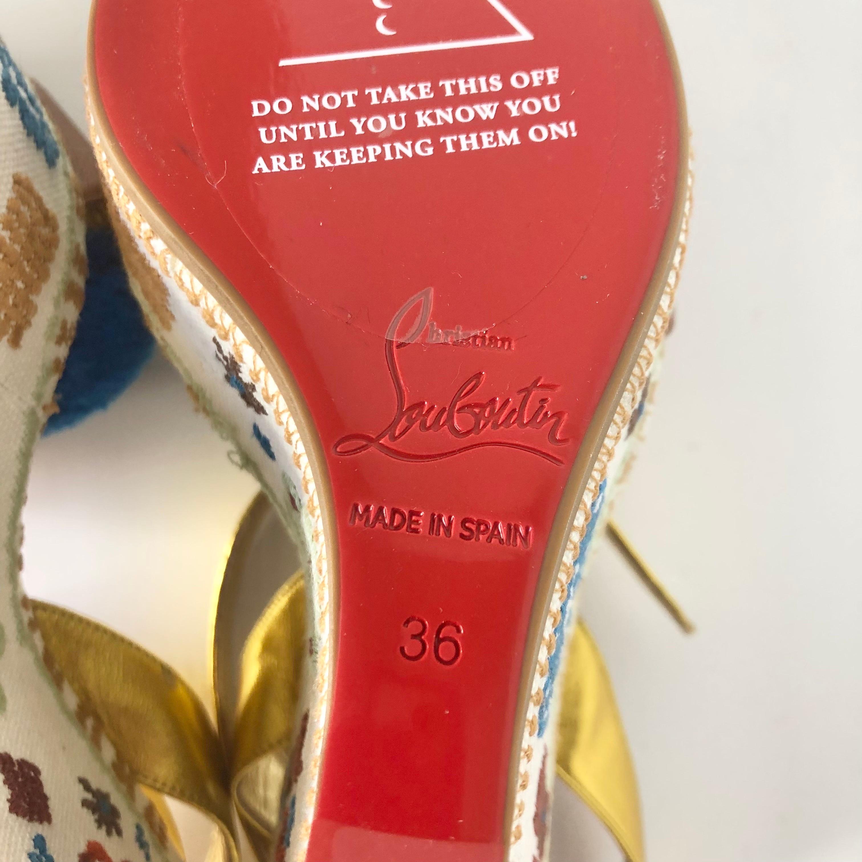 Christian Louboutin Cycladissimo Pompom Embroidered Platform Wedge Sandals 36 in vendita 5