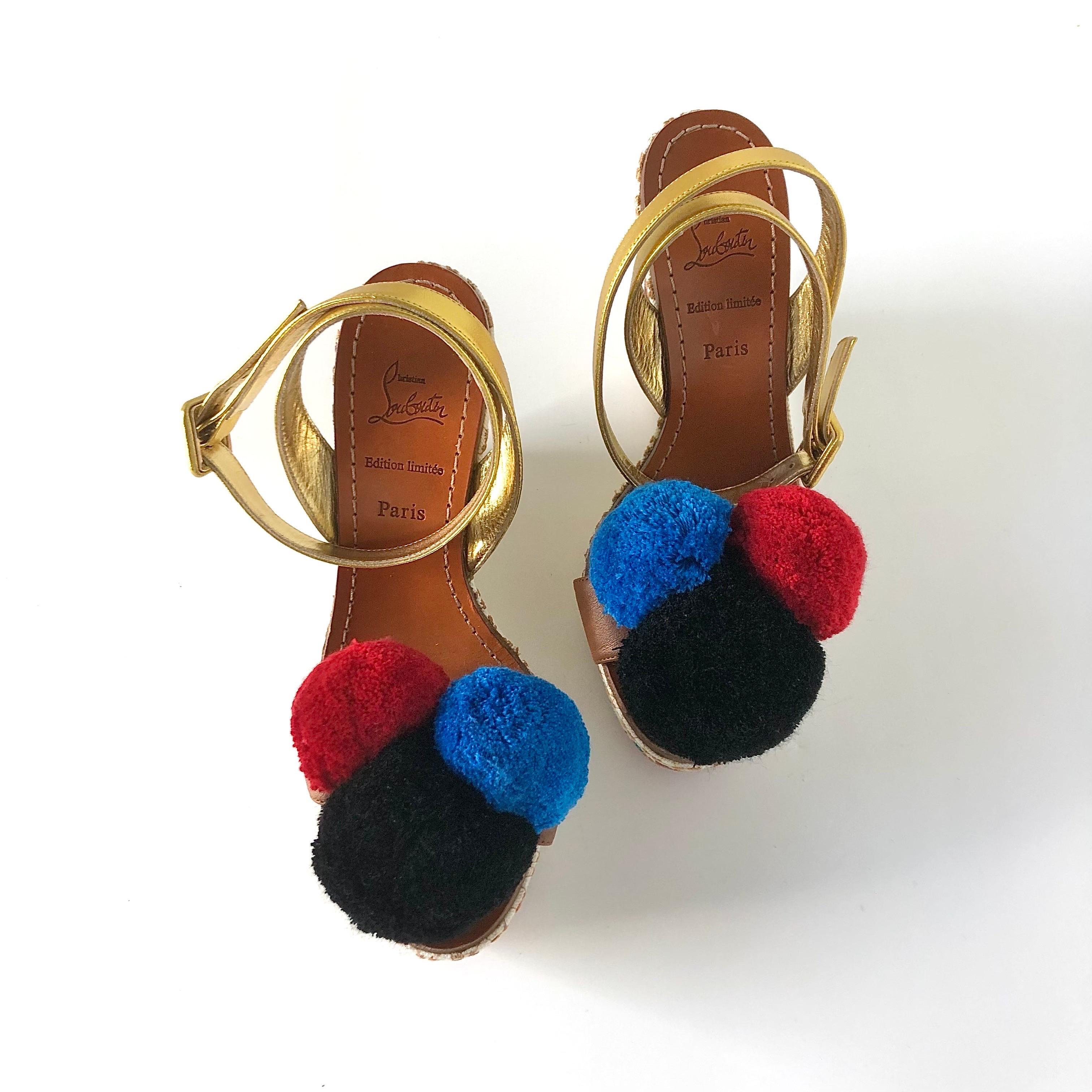 Beige Christian Louboutin Cycladissimo Pompom Embroidered Platform Wedge Sandals 36 in vendita