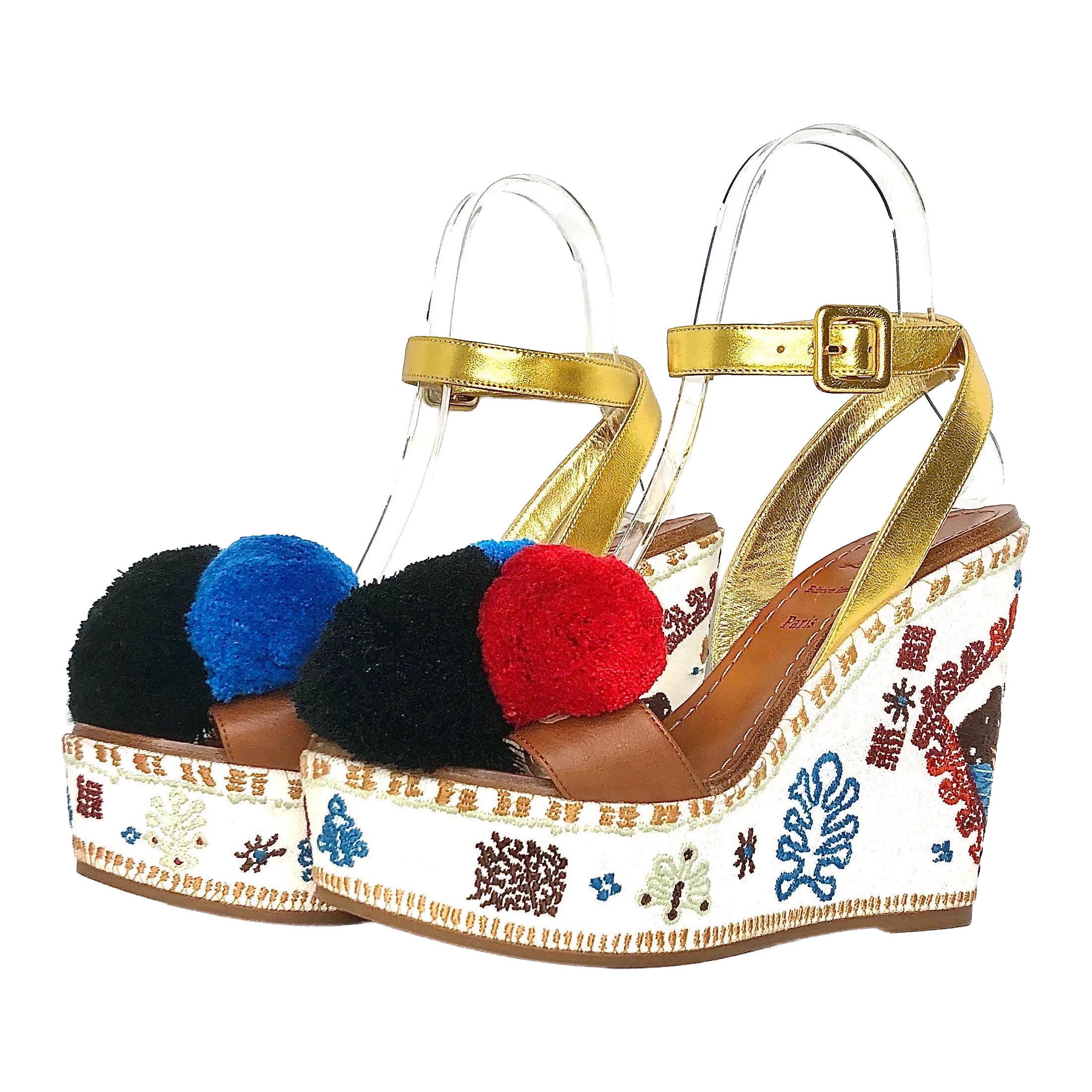 Christian Louboutin Cycladissimo Pompom Embroidered Platform Wedge Sandals 36
