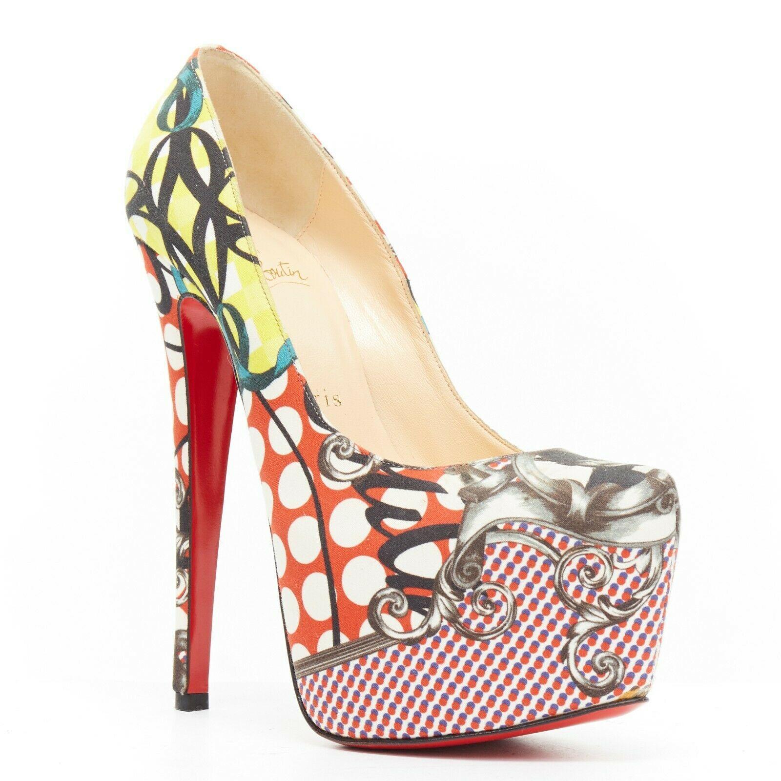 CHRISTIAN LOUBOUTIN Daffodil 160 red pop art print concealed platform pump EU36
CHRISTIAN LOUBOUTIN
Daffodil 160. Red and white pop art inspired printed satin. 
Christian Louboutin portrait printed at toe. Concealed platform. 
Tonal stitching.