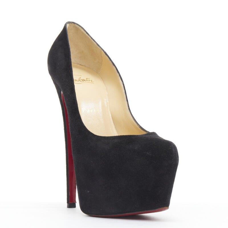 CHRISTIAN LOUBOUTIN Daffodile 160 black suede almond toe platform pump EU38
Reference: TGAS/B01518
Brand: Christian Louboutin
Model: Daffodile 160
Material: Suede
Color: Black
Pattern: Solid
Lining:  Leather
Extra Details: Concealed platform. Almond