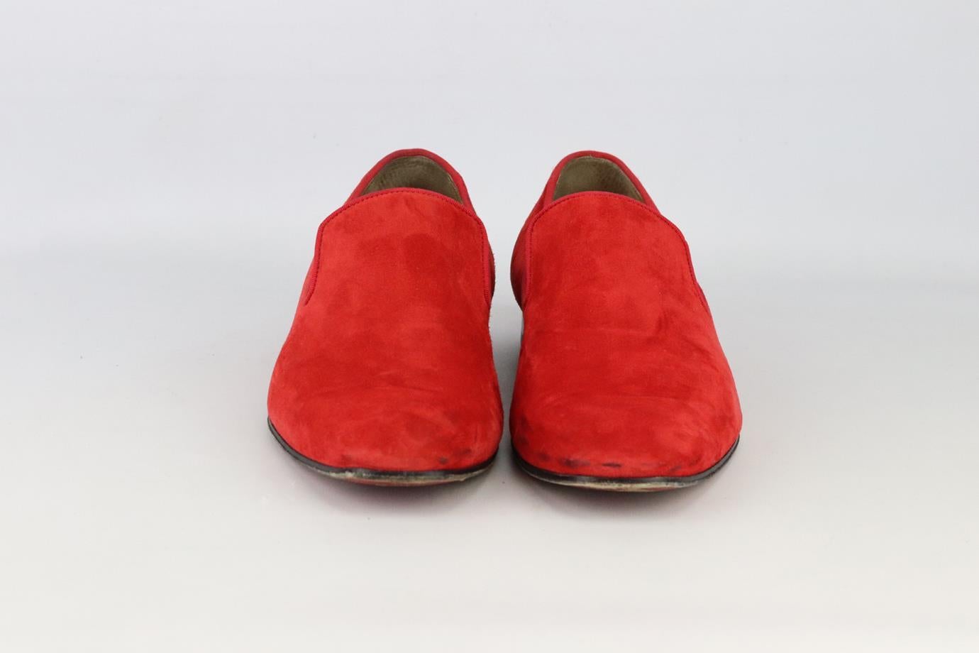 Christian Louboutin Dandelion suede loafers. Made from red suede in a classic loafer shape set on the brand’s iconic red sole. Red. Slip on. Does not come with box or dustbag. Size: EU 43.5 (UK 9.5, US 10.5). Insole: 11.2 in. Heel: 0.75 in