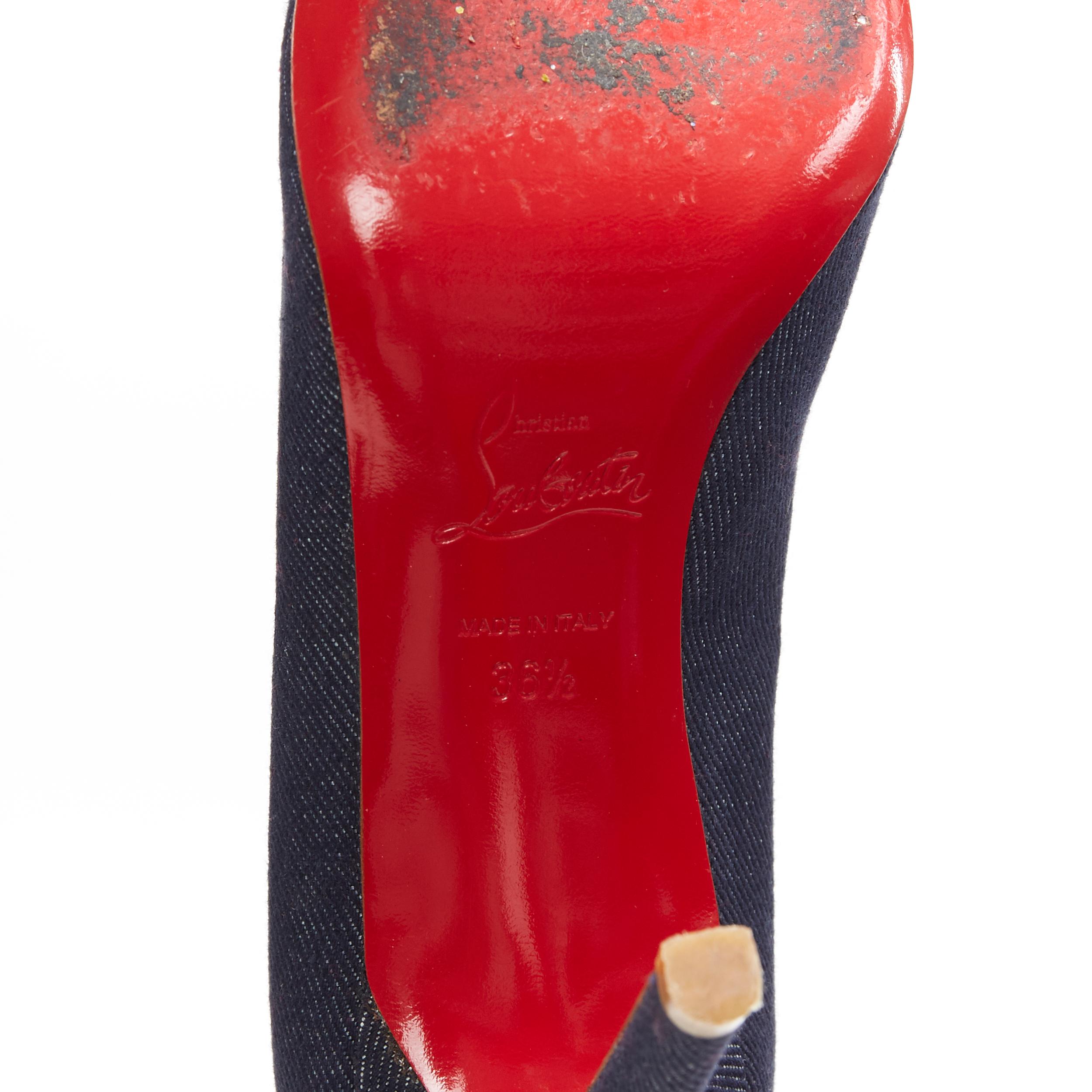 CHRISTIAN LOUBOUTIN dark blue denim cotton peep toe slim heel pumps EU36.5 5