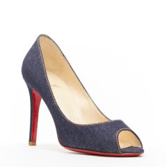 CHRISTIAN LOUBOUTIN dark blue denim cotton peep toe slim heel pumps EU36.5