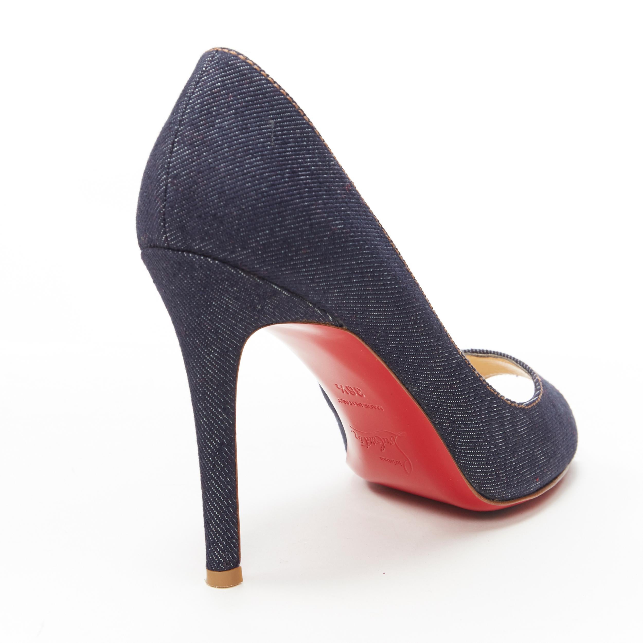 CHRISTIAN LOUBOUTIN dark blue denim cotton peep toe slim heel pumps EU36.5 3
