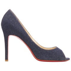 CHRISTIAN LOUBOUTIN dark blue denim cotton peep toe slim heel pumps EU36.5