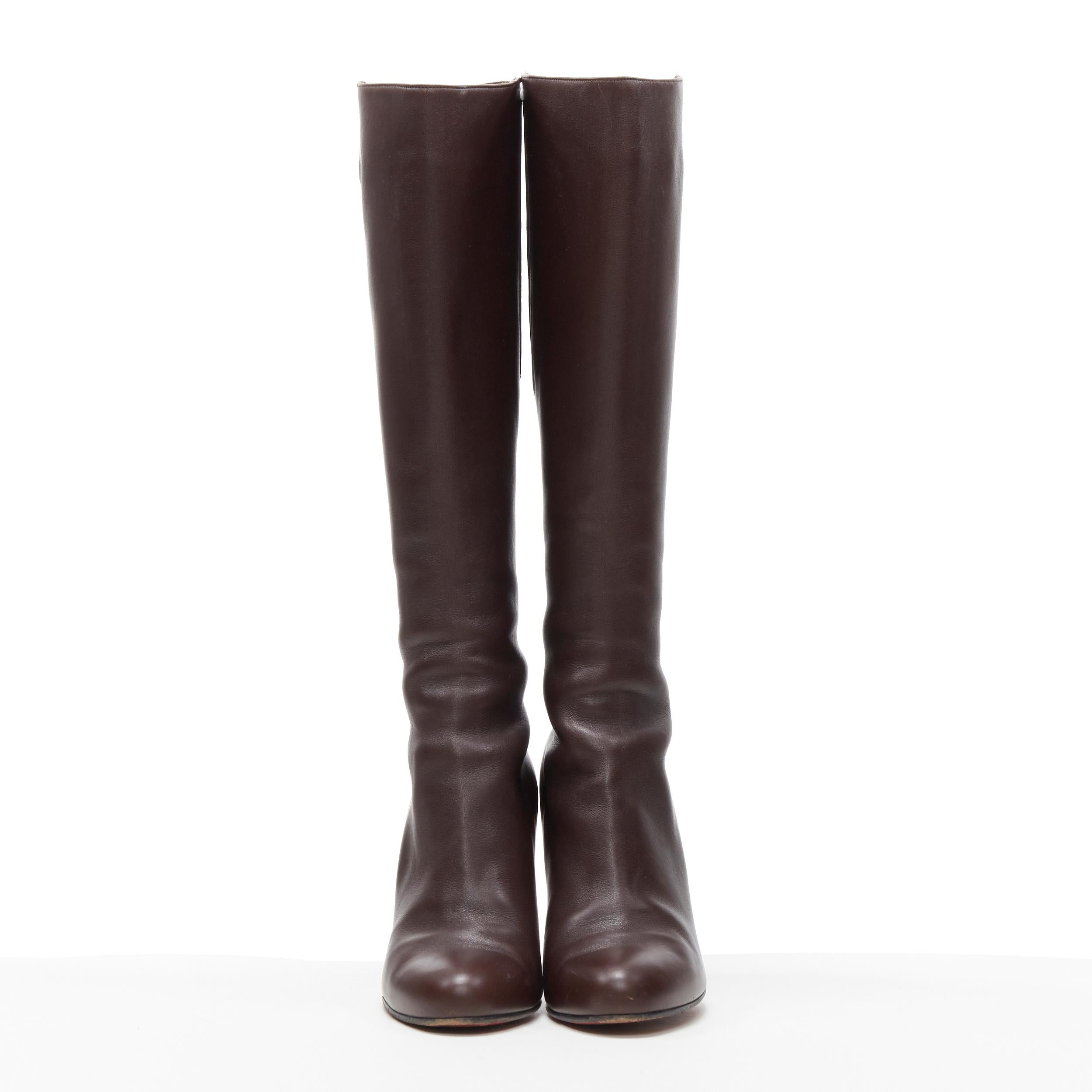 Black CHRISTIAN LOUBOUTIN dark brown leather almond toe high heel tall boots EU39