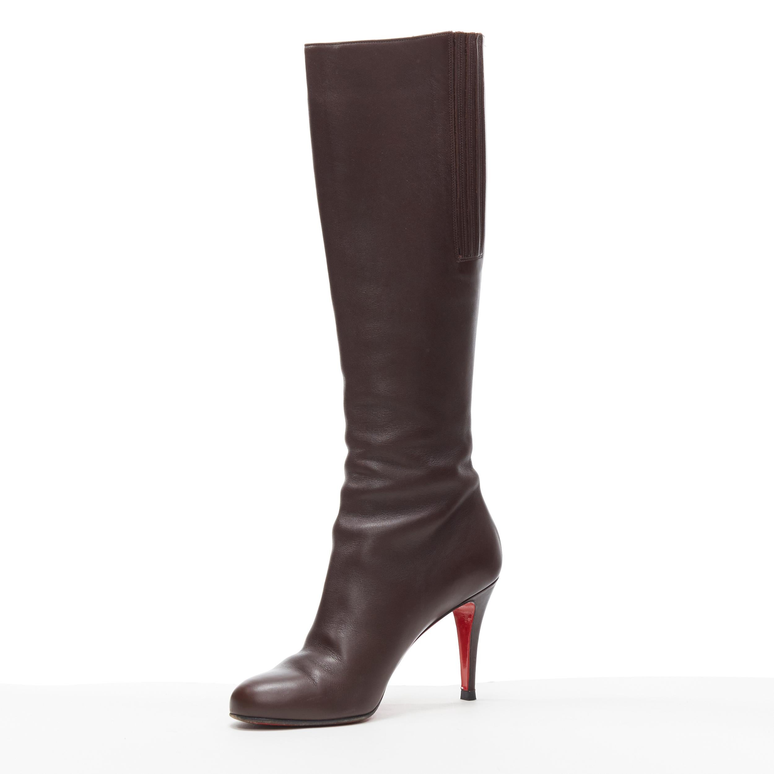 CHRISTIAN LOUBOUTIN dark brown leather almond toe high heel tall boots EU39 In Excellent Condition In Hong Kong, NT