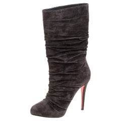 Christian Louboutin Dark Brown Pleated Suede Prios Mid Calf Boots Size 39.5