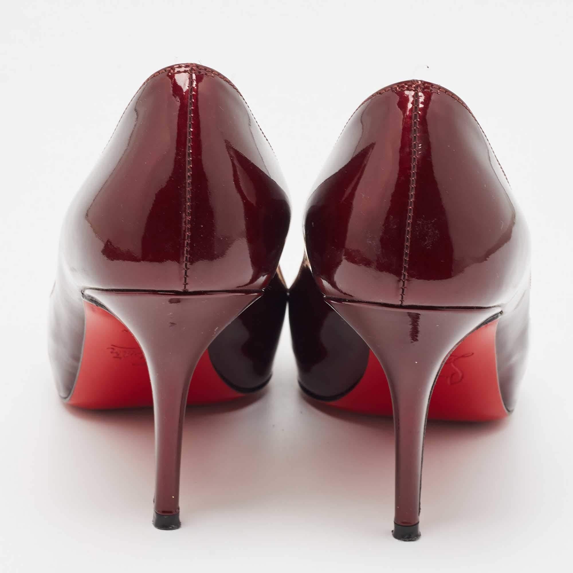 Women's Christian Louboutin Dark Burgundy Patent Leather Peep Toe Pumps Size 36