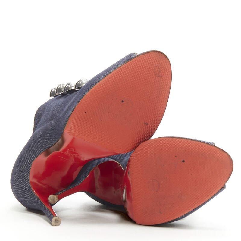 CHRISTIAN LOUBOUTIN dark denim silver military button peep toe bootie EU37 6