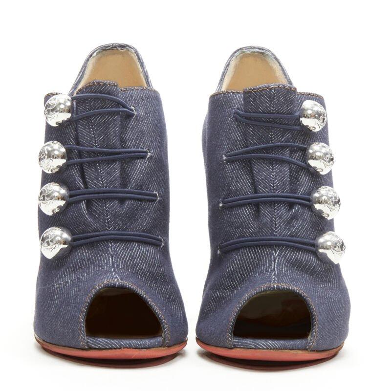 Silver CHRISTIAN LOUBOUTIN dark denim silver military button peep toe bootie EU37