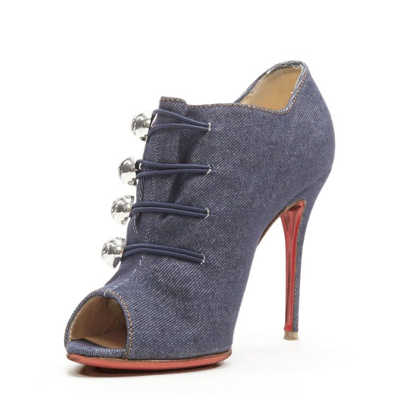 CHRISTIAN LOUBOUTIN dark denim silver military button peep toe bootie EU37 In Excellent Condition In Hong Kong, NT