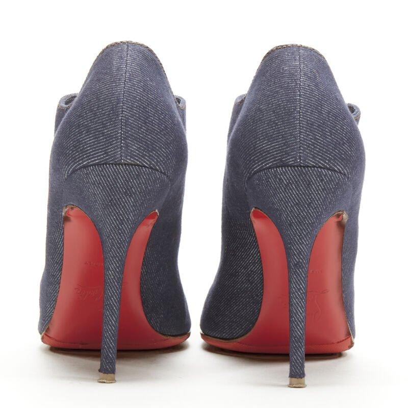 Women's CHRISTIAN LOUBOUTIN dark denim silver military button peep toe bootie EU37