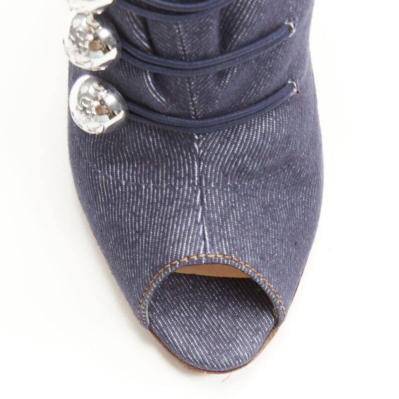 CHRISTIAN LOUBOUTIN dark denim silver military button peep toe bootie EU37 1