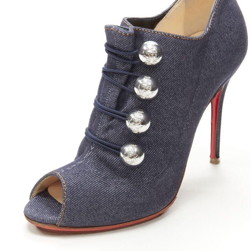 CHRISTIAN LOUBOUTIN dark denim silver military button peep toe bootie EU37 2