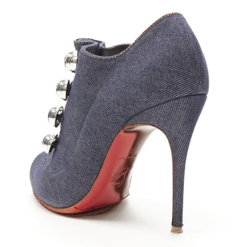 CHRISTIAN LOUBOUTIN dark denim silver military button peep toe bootie EU37 3