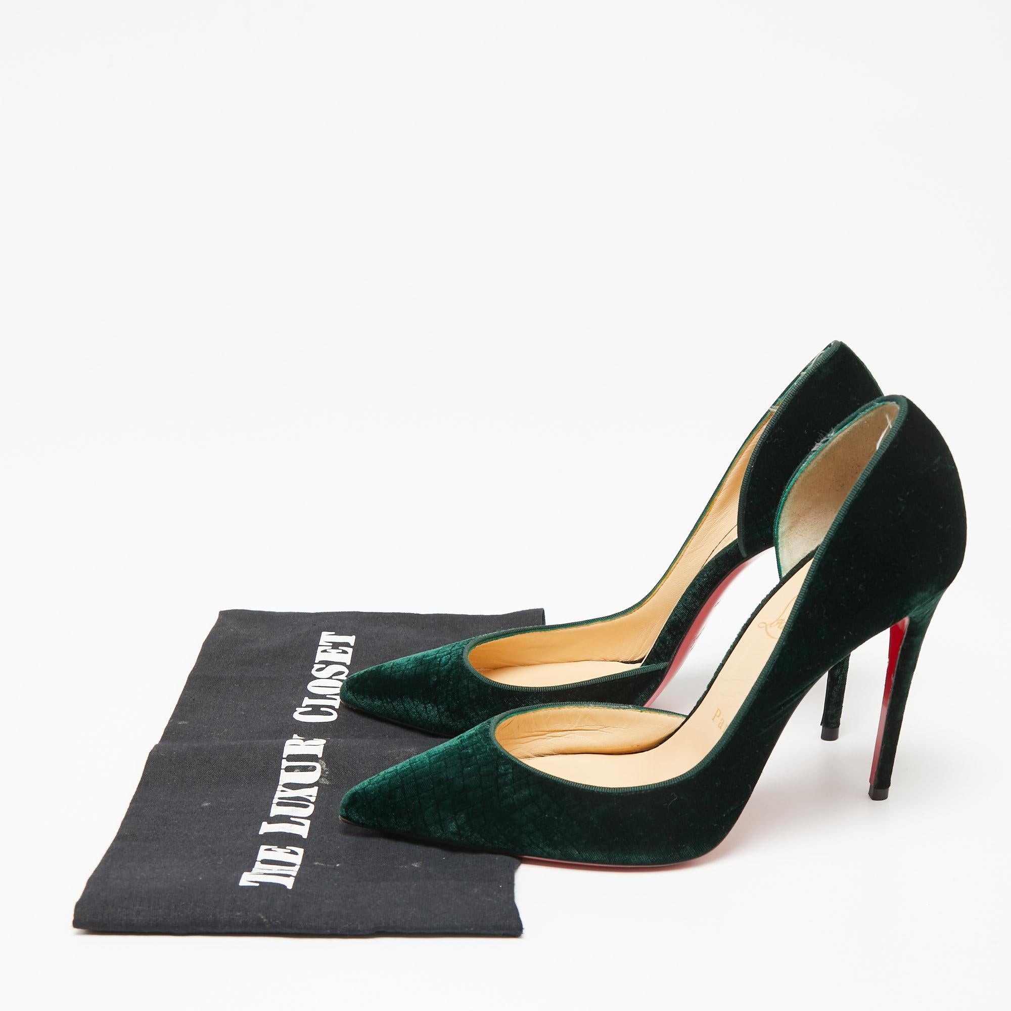 Women's Christian Louboutin Dark Green Textured Velvet Iriza D'orsay Pumps Size 39