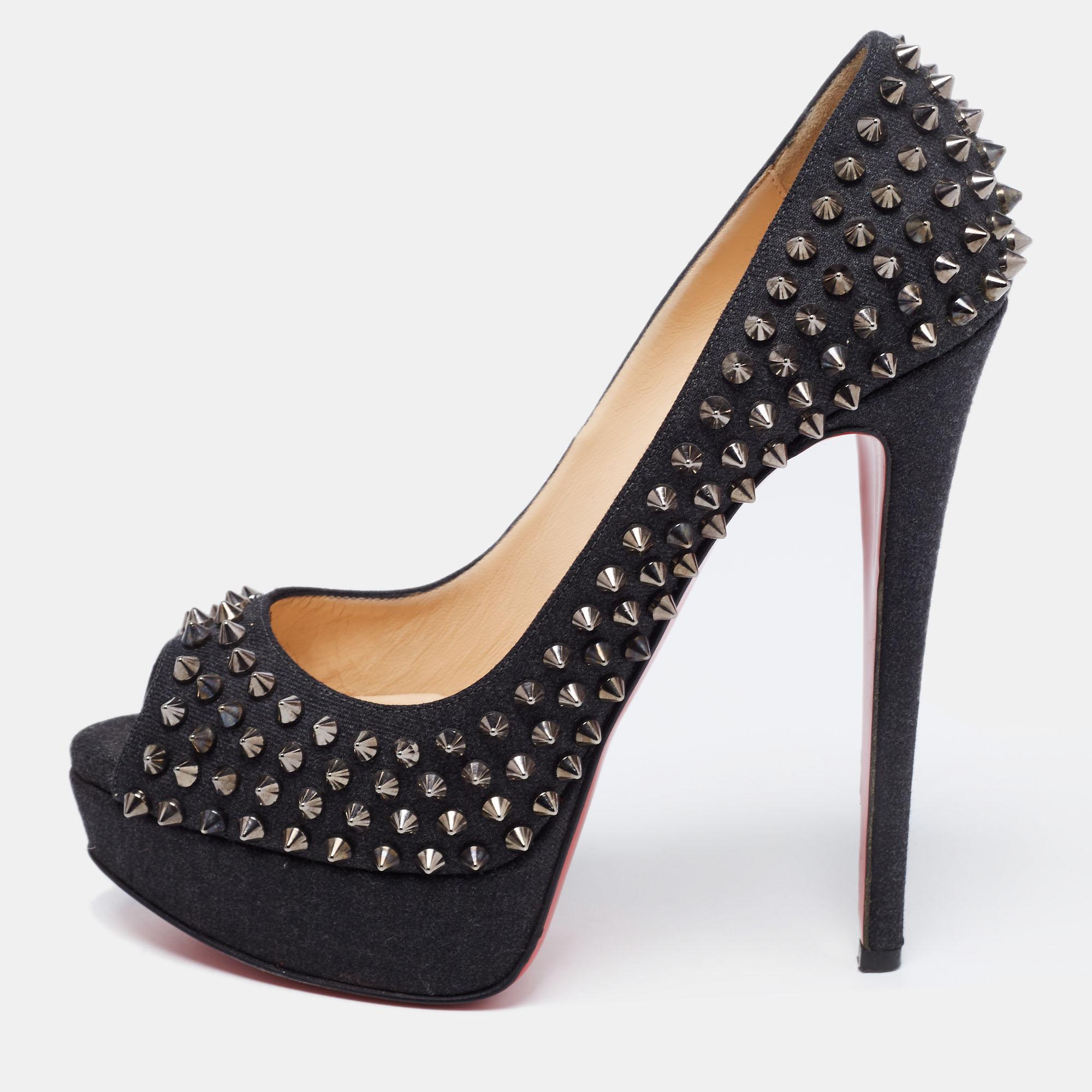 Christian Louboutin Dark Grey Denim Lady Peep Spikes Platform Pumps Size 38 3