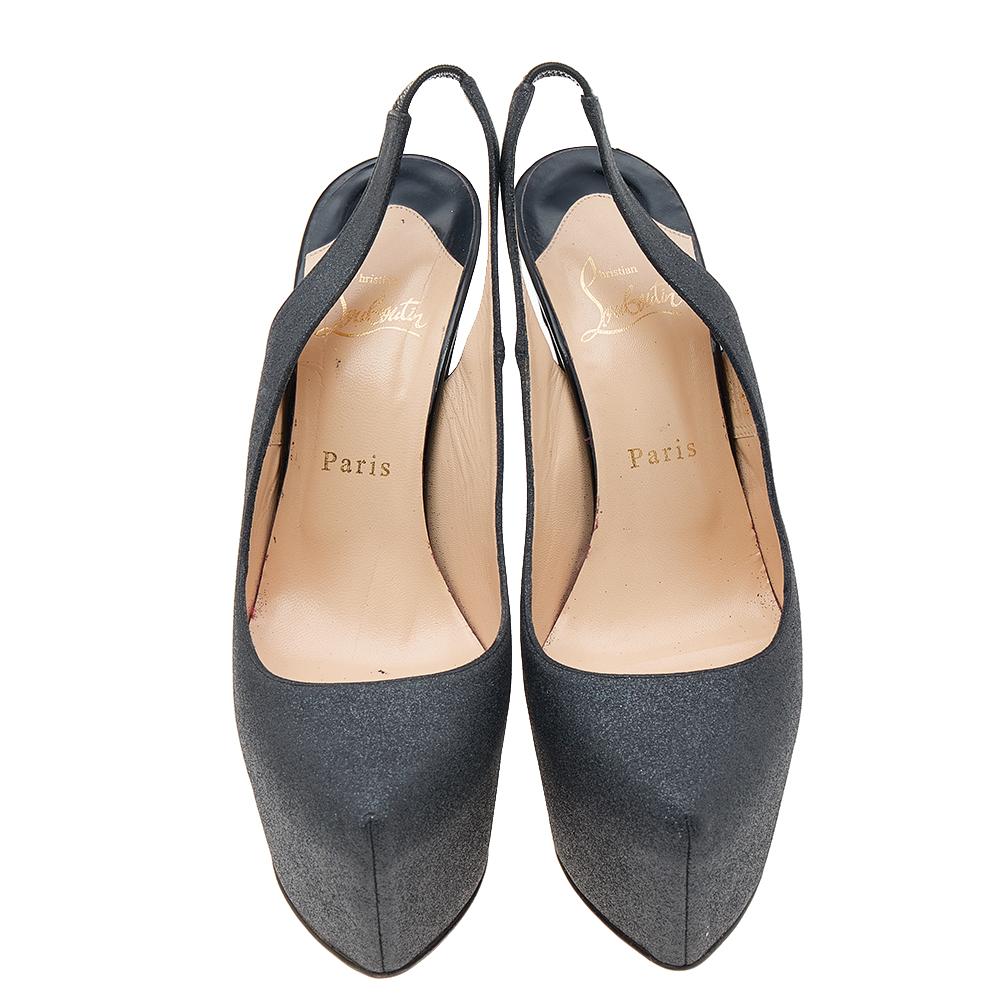 Black Christian Louboutin Dark Grey Glitter Slingback Platform Sandals Size 39 For Sale