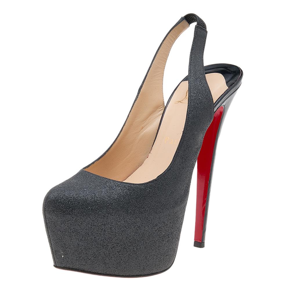 Women's Christian Louboutin Dark Grey Glitter Slingback Platform Sandals Size 39 For Sale