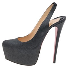 Christian Louboutin Dark Grey Glitter Slingback Platform Sandals Size 39