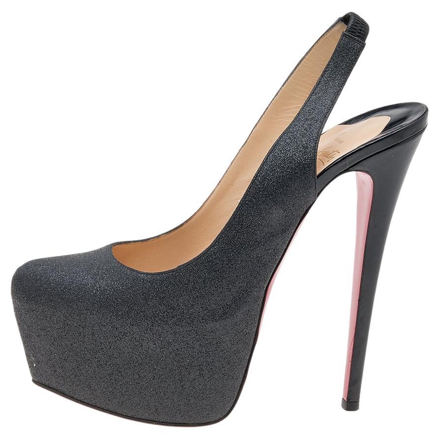 Christian Louboutin Dark Grey Glitter Slingback Platform Sandals Size 39 For Sale