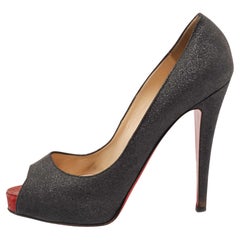 Christian Louboutin Dark Grey Glitter Very Prive Peep-Toe Pumps Size 40