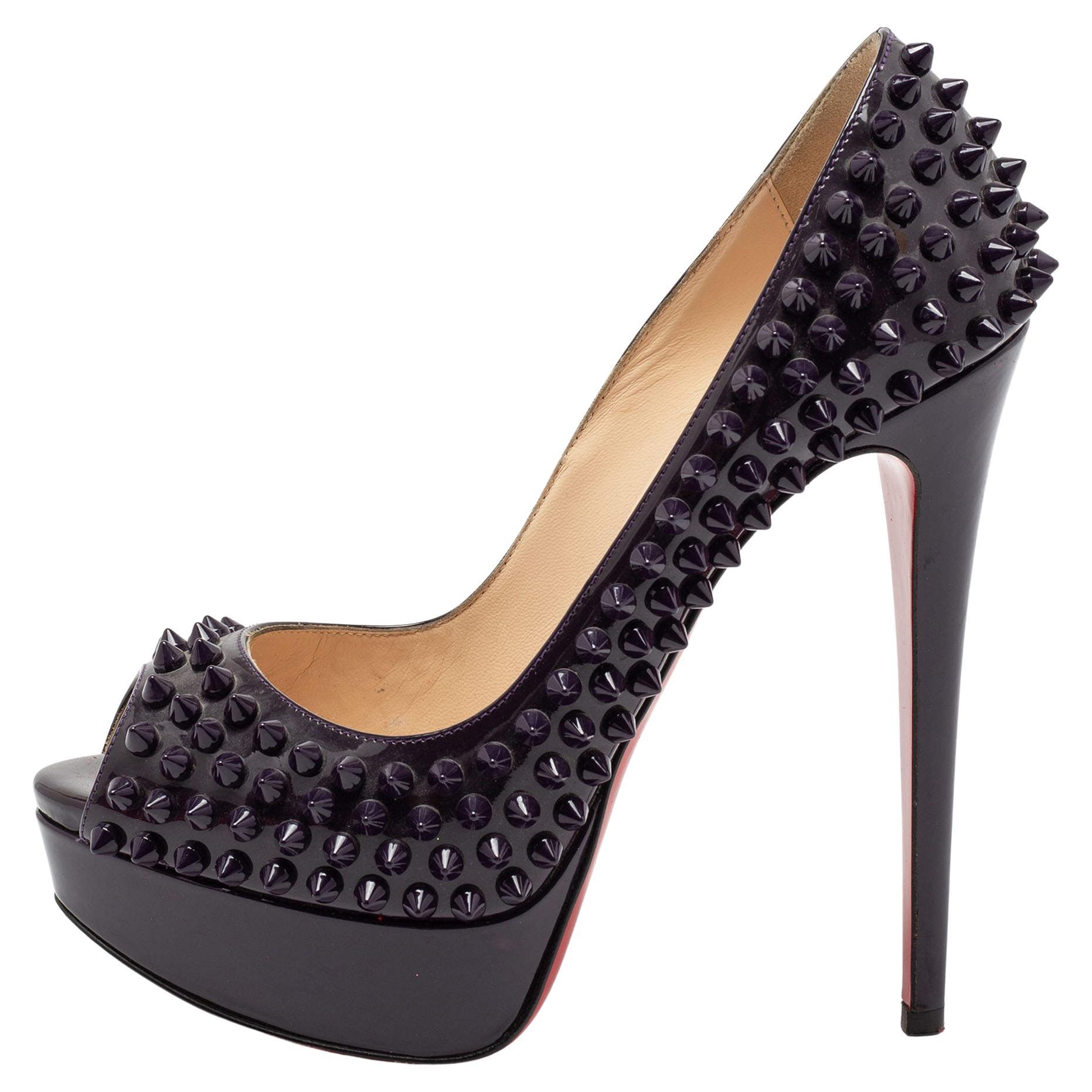 Christian Louboutin Dark Purple  Lady Peep-Toe Spiked Platform Pumps Size 36 For Sale