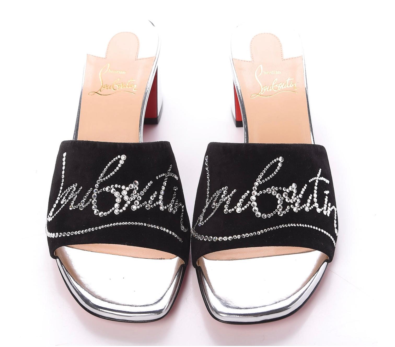 Women's Christian Louboutin Dear Home 55 Black Suede Logo Embellished Sandal Sz 36 For Sale