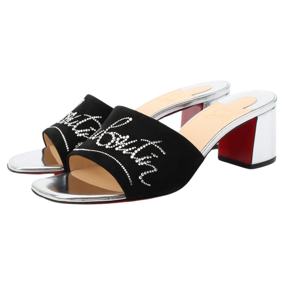 Christian Louboutin Dear Home 55 Black Suede Logo Embellished Sandal Sz 36 For Sale