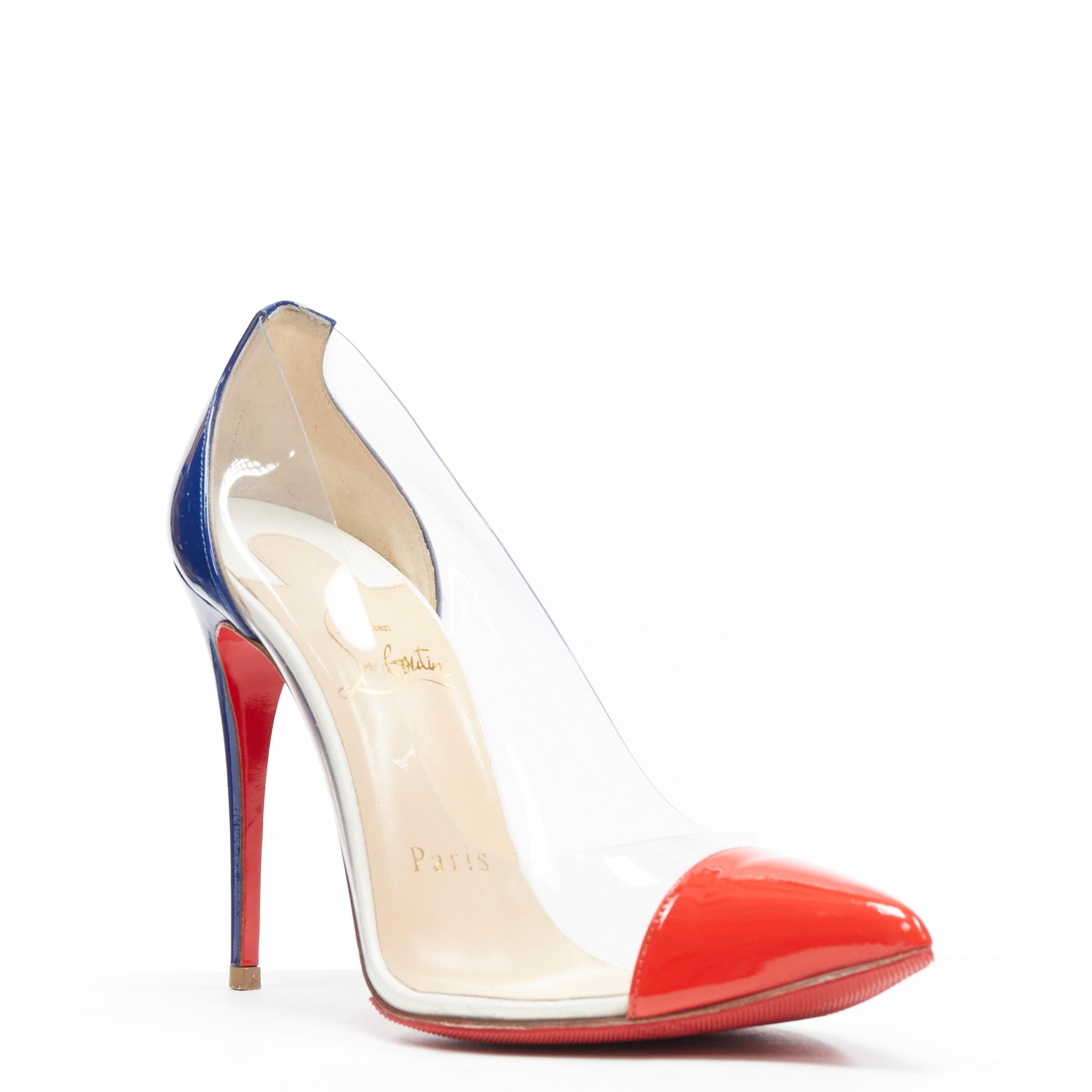 CHRISTIAN LOUBOUTIN Debout 100 red blue patent clear PVC point toe pump EU35.5
Brand: Christian Louboutin
Designer: Christian Louboutin
Model Name / Style: Debout 100
Material: Patent leather
Color: Blue, red
Pattern: Solid
Extra Detail: High (3-3.9