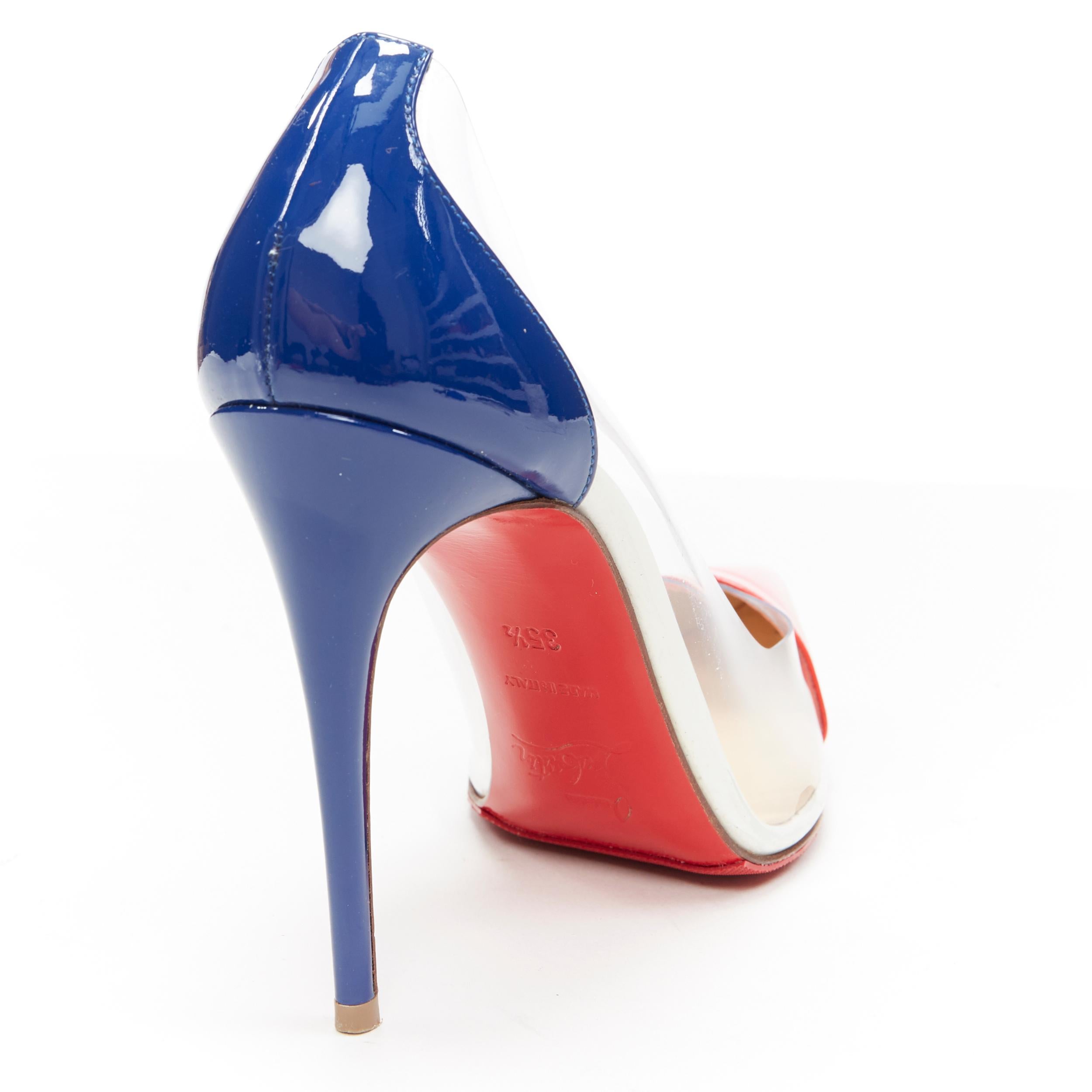 Women's CHRISTIAN LOUBOUTIN Debout 100 red blue patent clear PVC point toe pump EU35.5