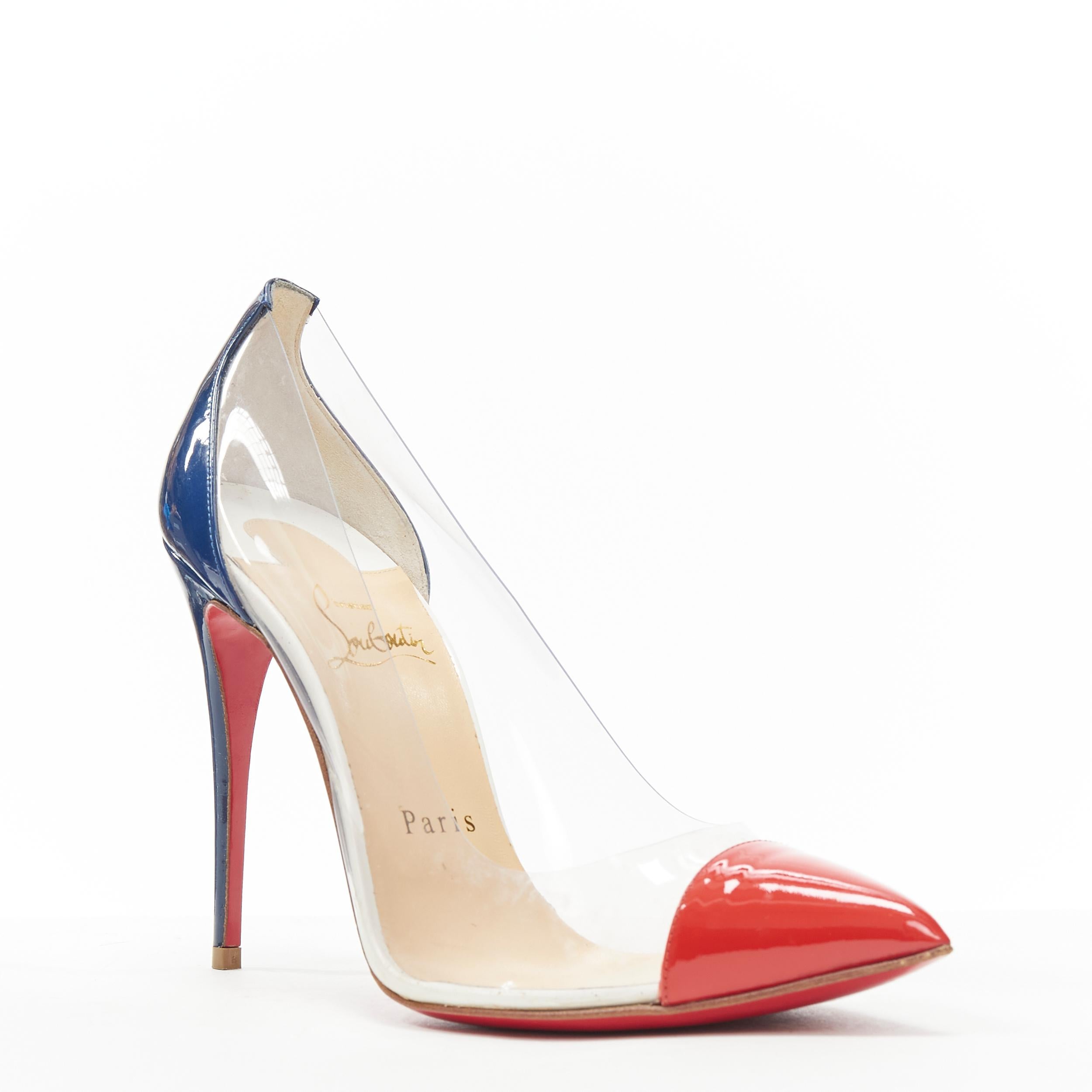 CHRISTIAN LOUBOUTIN Debout PVC red blue patent toe cap pigalle pump EU37 
Reference: TGAS/B01138 
Brand: Christian Louboutin
Model: Debout heel 
Material: Plastic 
Color: Blue 
Pattern: Solid 
Extra Detail: Debout. Clear PVC upper. Red and blue