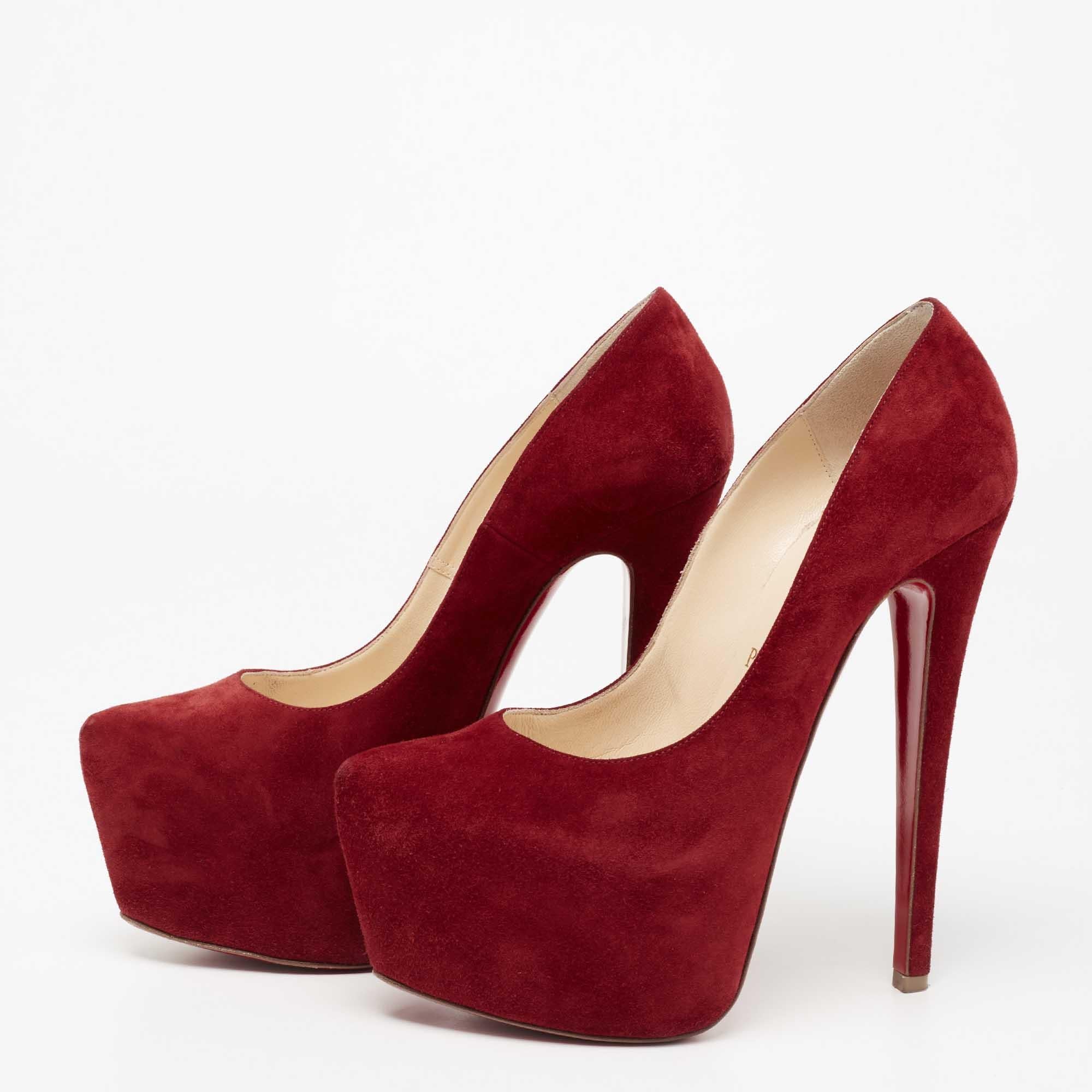 Christian Louboutin's timeless aesthetic and impeccable craftsmanship in shoemaking is evident in these statement pumps. Made from suede in a deep red shade, the sleek cuts will accentuate the curve of your feet. Finished off with high heels and