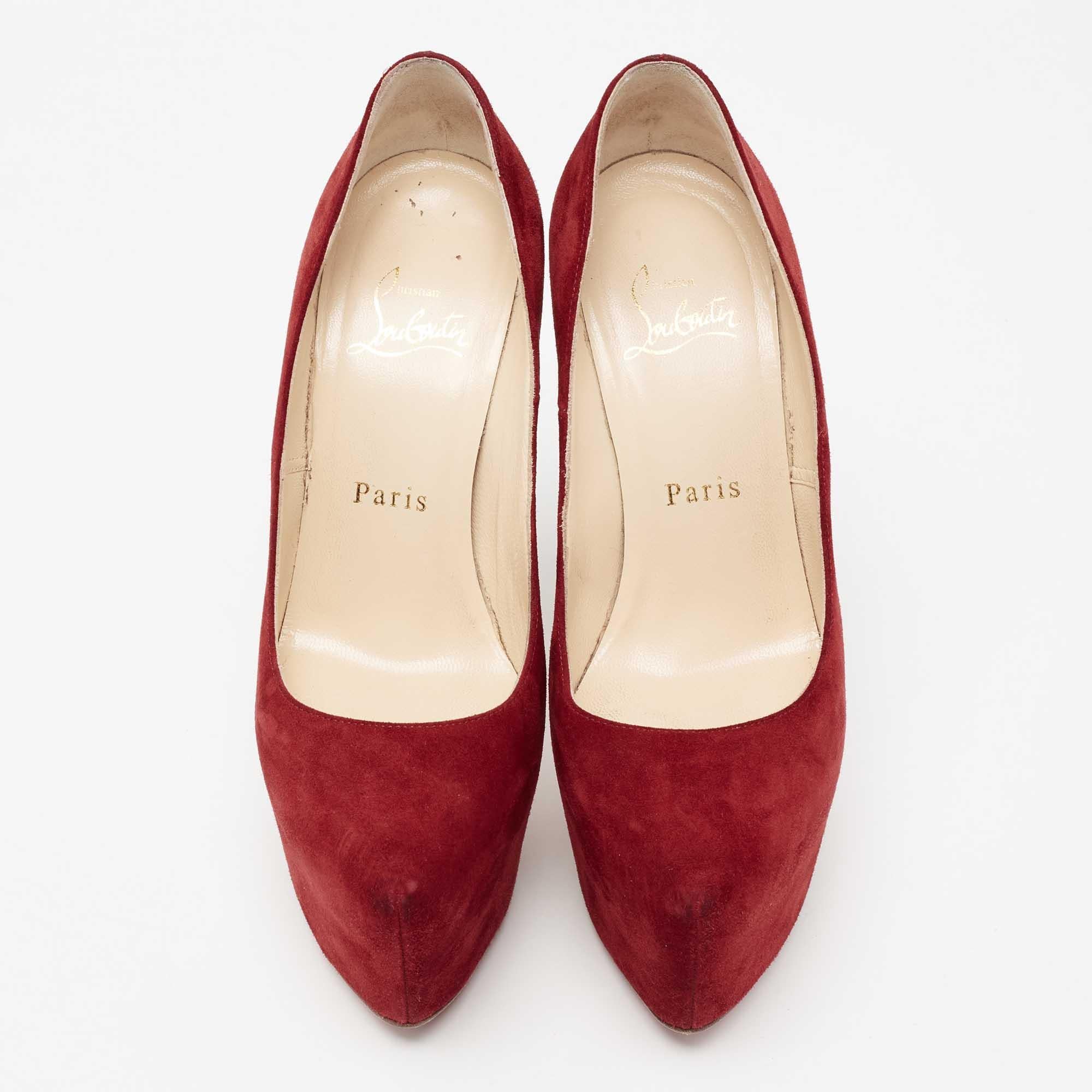 Christian Louboutin Deep Red Suede Daffodile Pumps Size 36.5 In Good Condition For Sale In Dubai, Al Qouz 2