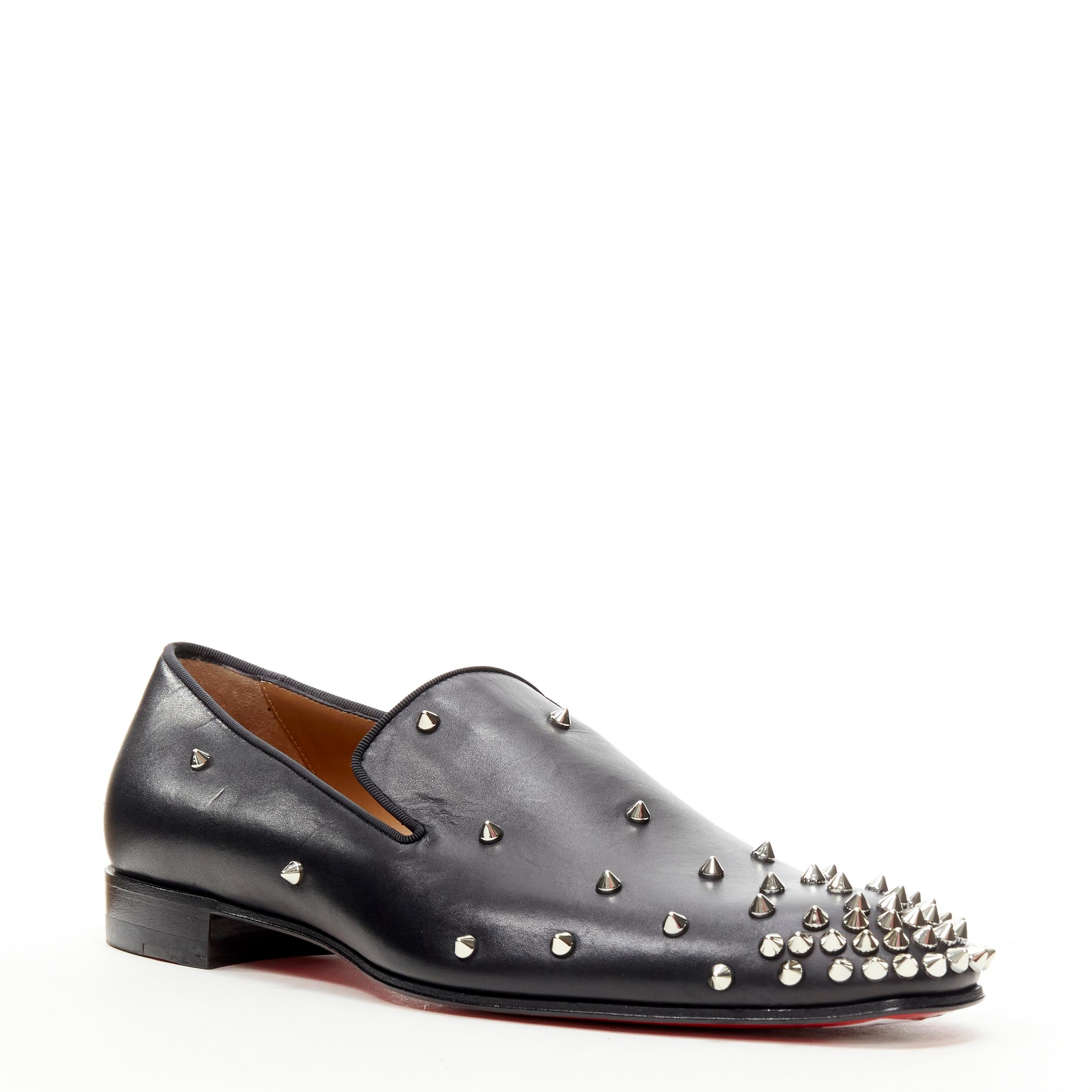 CHRISTIAN LOUBOUTIN Degra Flat black calf leather silver spike loafer EU42 In Excellent Condition In Hong Kong, NT