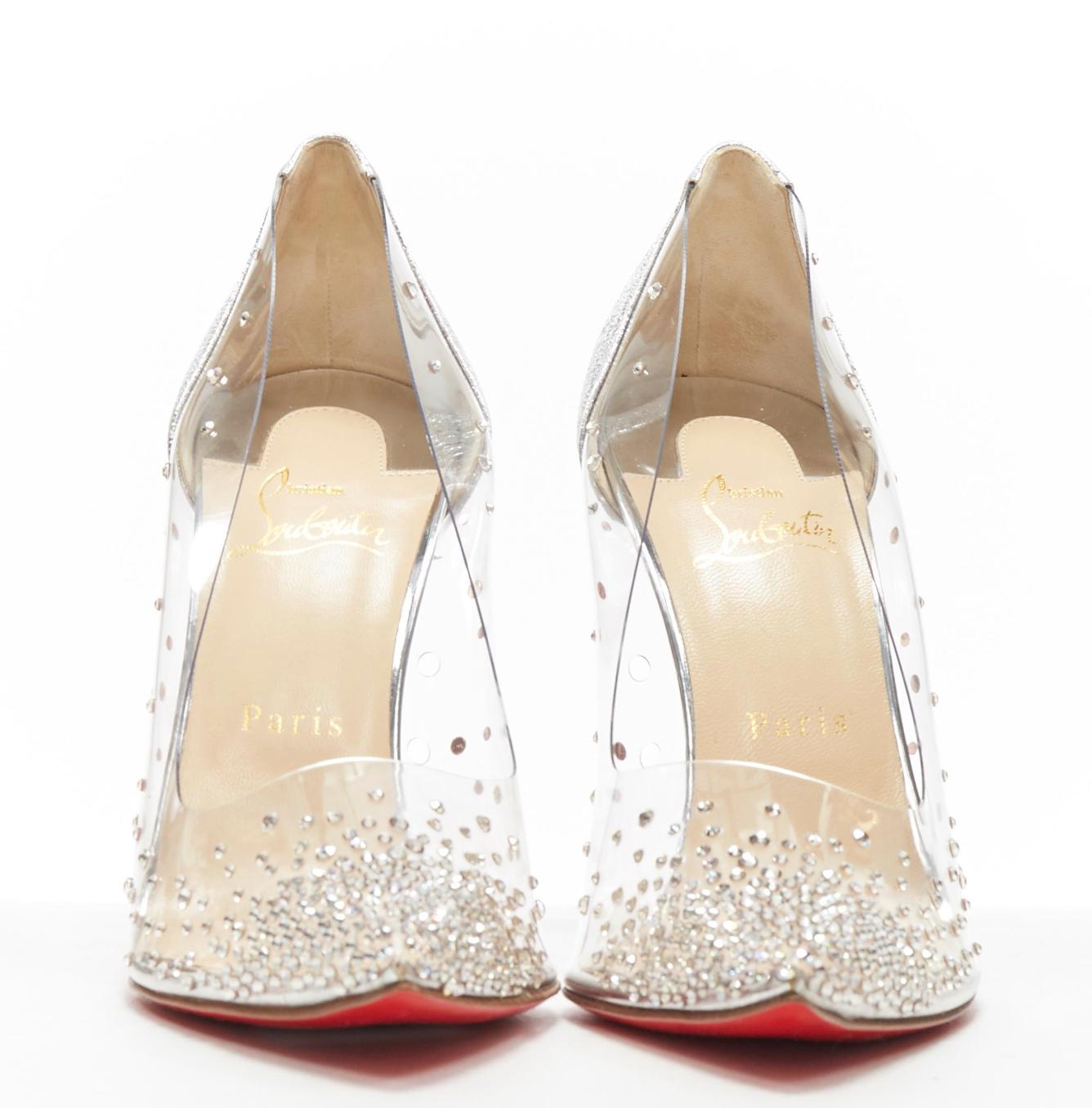 Gray CHRISTIAN LOUBOUTIN Degrastrass 100 clear PVC silver strass bridal pump EU40 For Sale
