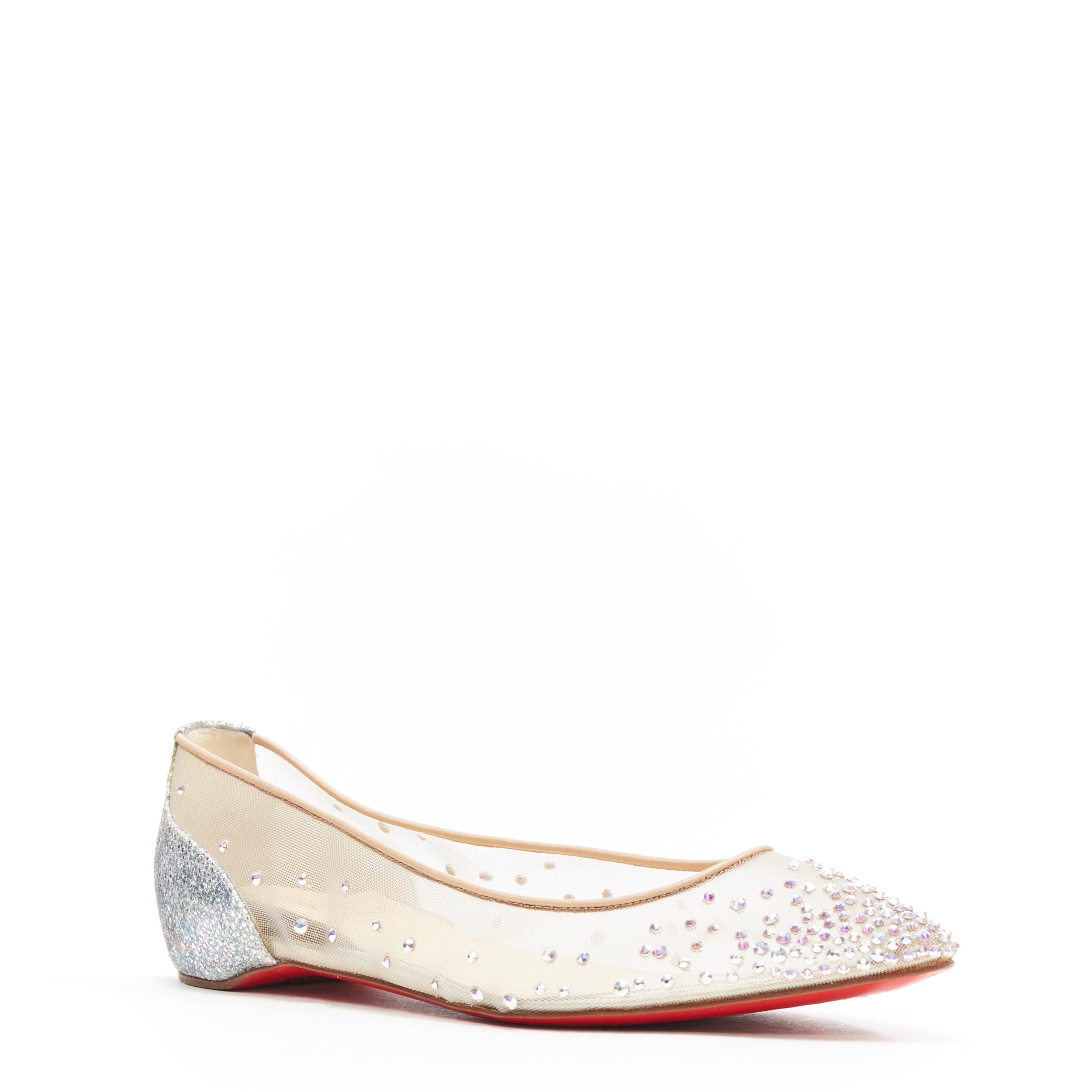 CHRISTIAN LOUBOUTIN Degrastrass Flats crystal strass nude mesh ballet flats EU37
Brand: Christian Louboutin
Designer: Christian Louboutin
Model Name / Style: Degrastrass Flats
Material: Leather
Color: Silver
Pattern: Solid
Closure: Slip on
Extra